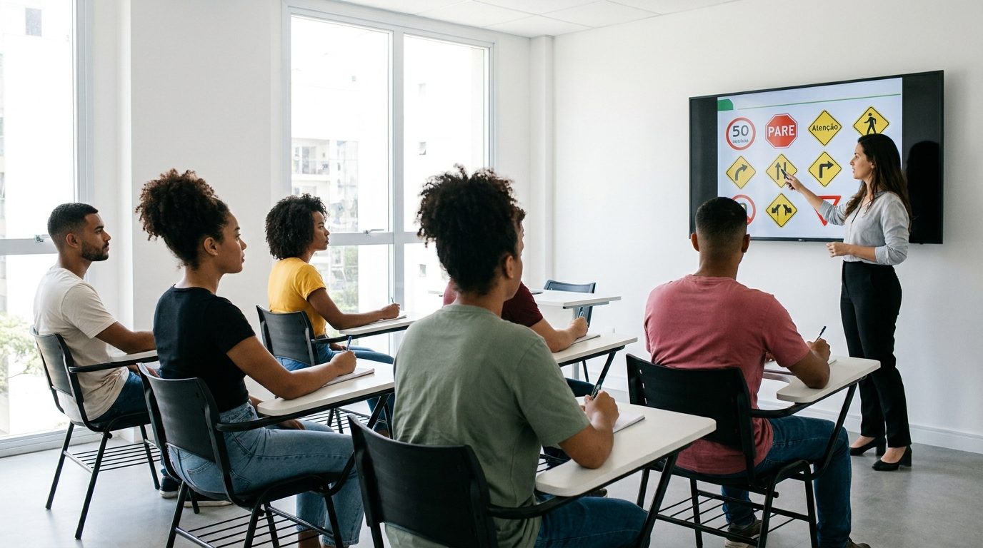 Alunos do CFC Aliança em aula teórica de legislação de trânsito